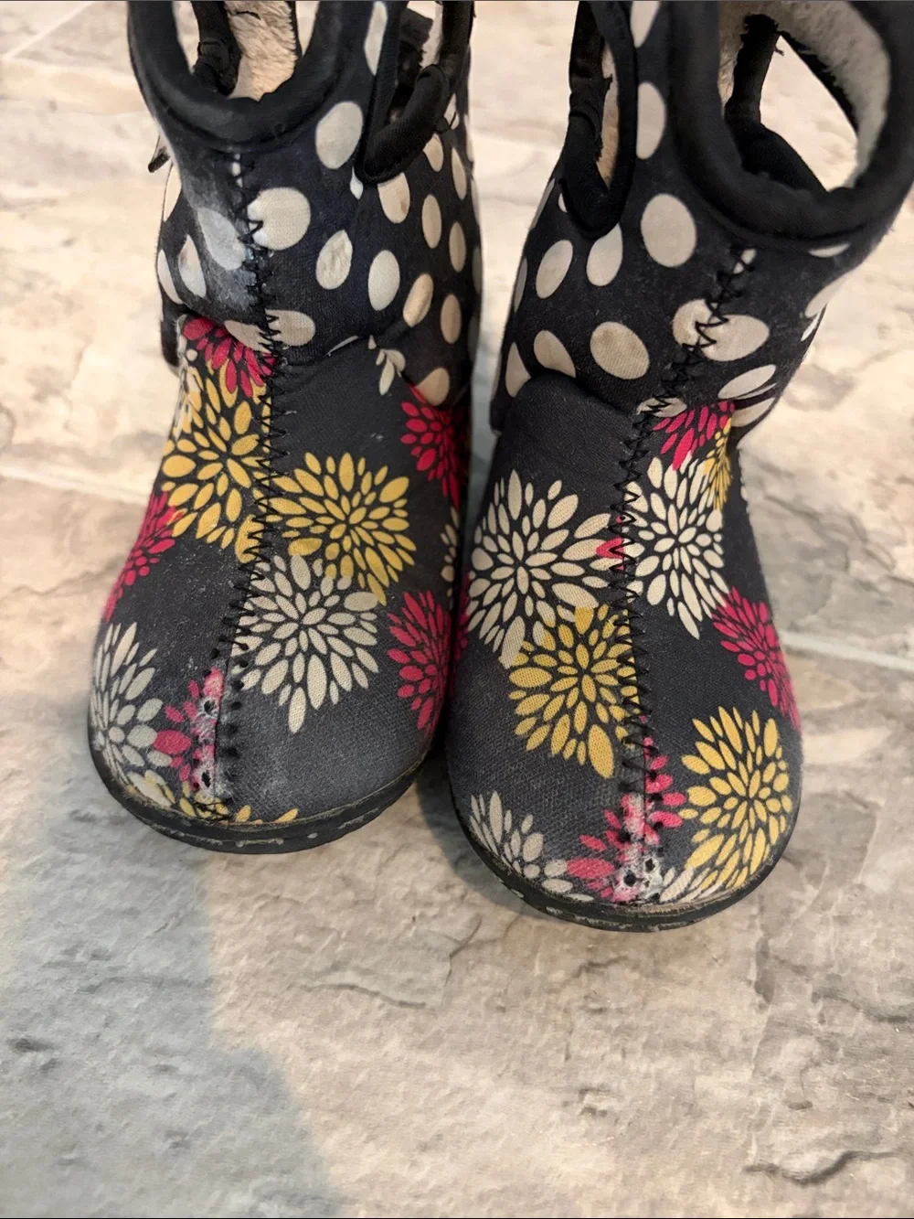 Bogs Kids Black Polka Dot Boots with Yellow & Pink Floral Accents